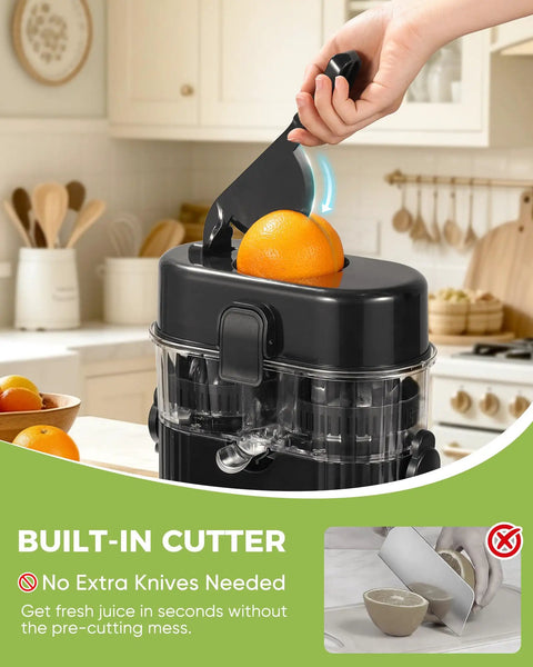 Amzpass Dual Head Electric Orange Juicer With Built In Cutter Citrus Squeeze Machine one touch auto press with orange cutter in kitchen.