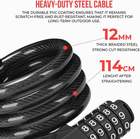 Keyless 5 Digit Resettable Cable Lock For Scooters Bikes And Motorcycles Heavy Duty Anti Theft Security Easy Code Access Portable Weather Ready Great For Students Commuters And Everyday Riders