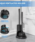 Heavy Duty Toilet Plunger And Brush Set With Holder 2 In 1 Bathroom Cleaning Kit With Modern Caddy Stand next to toilet.