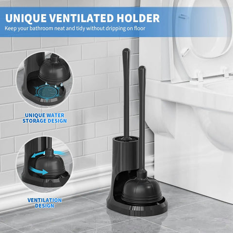 Heavy Duty Toilet Plunger And Brush Set With Holder 2 In 1 Bathroom Cleaning Kit With Modern Caddy Stand next to toilet.