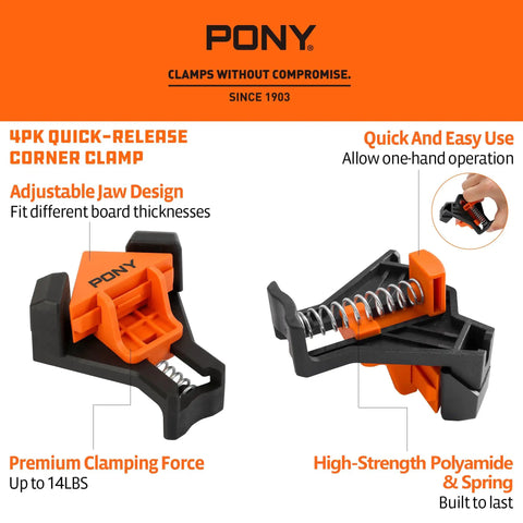 Four Pack Right Angle Woodworking Clamps with Adjustable Jaw for 90 Degree Corners, premium clamping force, and polyamide design.