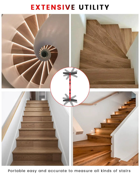 Aluminum Stair Tread Template Tool 8 To 60 Inch Jig For Accurate Angle Length And Depth Measurement Pro Grade Stair Gauge showcasing use
