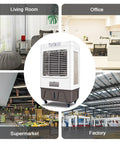 Super Chill Heavy Duty Evaporative Air Cooler With 10000 CFM Flow And 18 Gallon Tank in various indoor settings like living room, office, supermarket, factory.