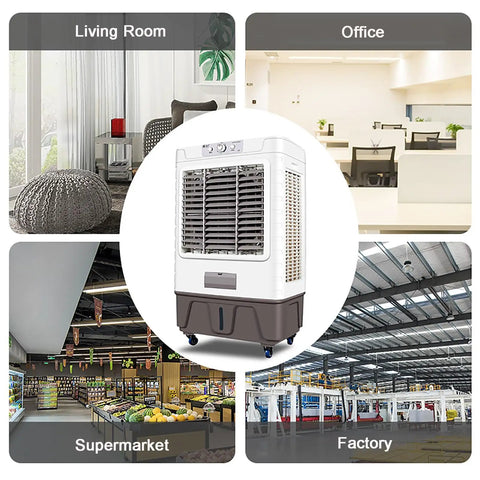 Super Chill Heavy Duty Evaporative Air Cooler With 10000 CFM Flow And 18 Gallon Tank in various indoor settings like living room, office, supermarket, factory.