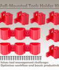Tool Holder and Battery Mount for Milwaukee M12 12V Tools Wall Mount Hanger Kit Plastic Organizer for Garage Work Van and Toolbox Includes Shelf Grab and Go Access and 22 Screws for Quick Setup, red plastic mounts with screws displayed.