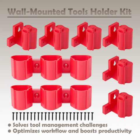 Tool Holder and Battery Mount for Milwaukee M12 12V Tools Wall Mount Hanger Kit Plastic Organizer for Garage Work Van and Toolbox Includes Shelf Grab and Go Access and 22 Screws for Quick Setup, red plastic mounts with screws displayed.