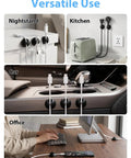 Six Pack Black Cord Organizer Clips For Cables And Chargers shown in nightstand, kitchen, car, and office settings.