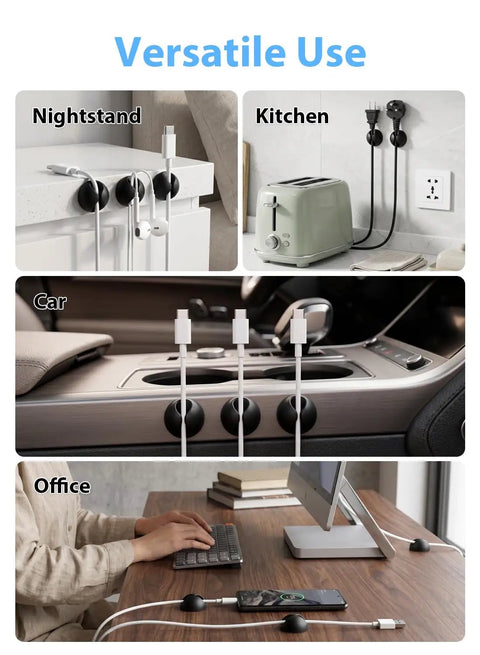 Six Pack Black Cord Organizer Clips For Cables And Chargers shown in nightstand, kitchen, car, and office settings.
