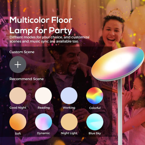 Smart Floor Lamp WiFi With Alexa And Google Home, 24W RGBW Dimmable Torchiere, cozy bright mood lighting for events.