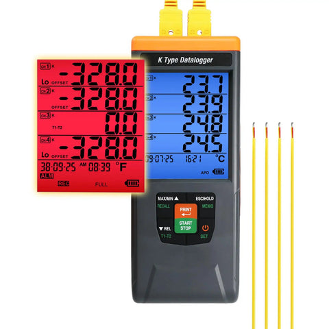 4 Channel Digital K Type Thermocouple Data Logger With 48K Records Pro Grade Temperature Recorder, front view showing display.
