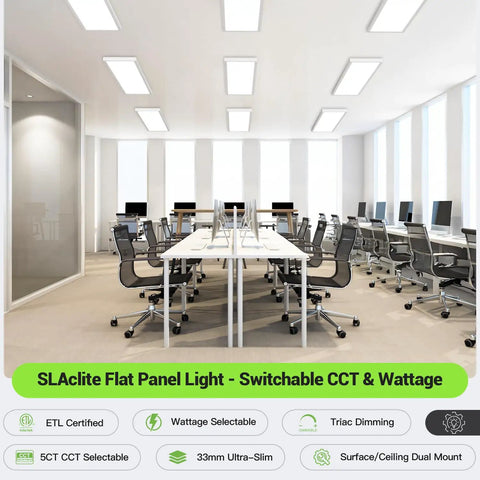 Office with Flat Panel LED Light 1x4 Ft Surface Mount Ceiling Fixture 24W 30W 40W Selectable Output installed