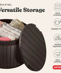 Versatile 37 Gallon Outdoor Deck Box That Doubles As An Ottoman Chair Or Side Table Brown Round Resin Storage Bench with lid off, showing towels and gear inside for garden, pool, and patio organized storage.