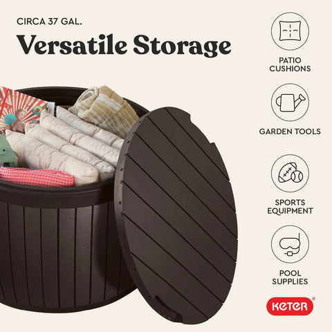 Versatile 37 Gallon Outdoor Deck Box That Doubles As An Ottoman Chair Or Side Table Brown Round Resin Storage Bench with lid off, showing towels and gear inside for garden, pool, and patio organized storage.