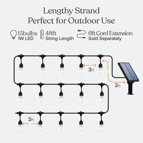 Diagram showing Ambience Pro 48 Ft Solar Outdoor String Lights with 15 Shatterproof 1W LEDs setup for outdoor use.