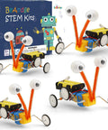 Four Pack Robot Kits For Kids Ages 8 And Up, STEM Crafts And Robotics Projects, Electronics Building Kit shown, four colorful robots