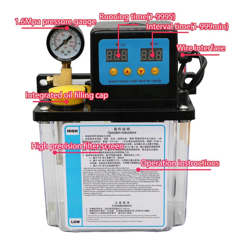Automatic CNC Lubrication Pump System Kit with gauge, wire interface, and integrated oil cap, front view