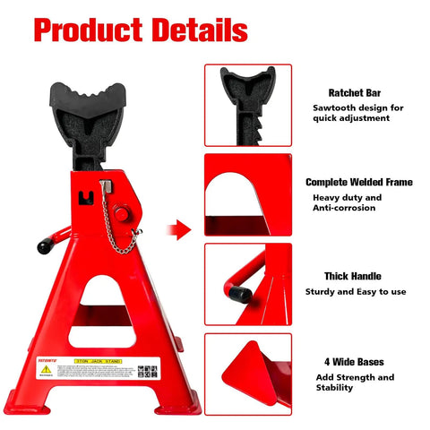 Heavy Duty 3 Ton Jack Stands With 11.22 To 16.54 Inch Adjustable Height, Double Pin Locking, Extra Rubber Pads, Sturdy Pyramid Base