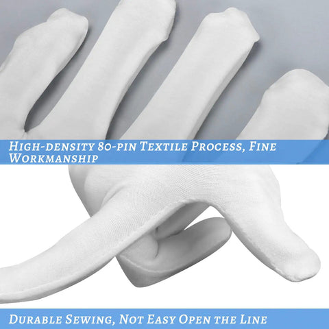Close-up of Thickened White Cotton Gloves Set 10 Pairs For Dry Hands All Night Comfy Sleep Wear showing detailed stitching.