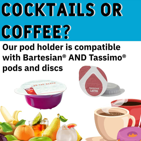 Cocktail and coffee pods with compatibility text for pod holder use