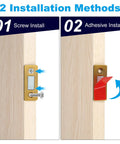 Ultra Thin Cabinet Magnetic Catch 4 Pack Brass Steel Door Magnets for Kitchen and Closet showing screw and adhesive mount installation.