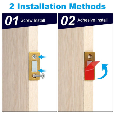 Ultra Thin Cabinet Magnetic Catch 4 Pack Brass Steel Door Magnets for Kitchen and Closet showing screw and adhesive mount installation.