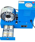 Plug And Play Electric Hydraulic Hose Crimper With 8 Precision Dies For 6 To 28mm Rubber And Steel Lines showing blue machine with precision dies.