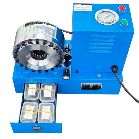 Plug And Play Electric Hydraulic Hose Crimper With 8 Precision Dies For 6 To 28mm Rubber And Steel Lines showing blue machine with precision dies.