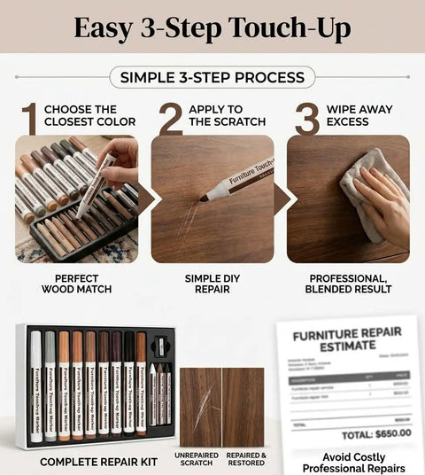 Complete 21 Piece Wood Scratch Repair Kit With Ten Color Touch Up Markers And Wax Filler Sticks For A No Sweat Quick Fix On Hardwood Floors Cabinets Desks Or Bedposts Today tutorial showing easy 3-step repair process.