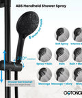 Detail of ABS handheld sprayer showing 8 modes on wall-mounted thermostatic shower faucet system with exposed plumbing.