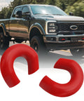 Red Tow Hook Covers for Ford Super Duty F250 F350 F450 2017 2026 Hitch Cover Set Front Bumper Accessory shown with truck