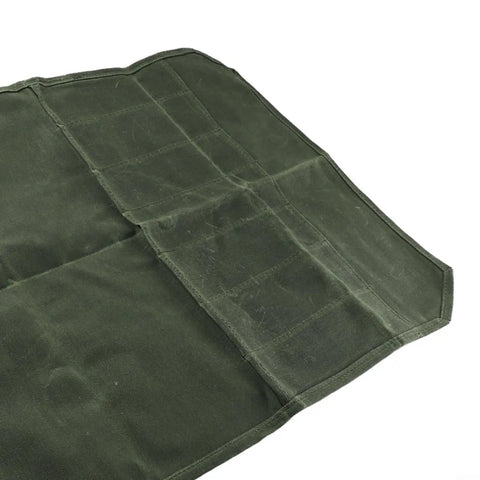 Waxed Canvas Roll Bag With 8 Slots For Knives Up To 17 Inches, Portable Cutlery Carrier For Chefs And Camping shown flat open.