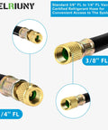 Vacuum charging hose, 3/8" to 1/4" flare ends, 5 ft length, brass fittings, heavy-duty refrigerant line.
