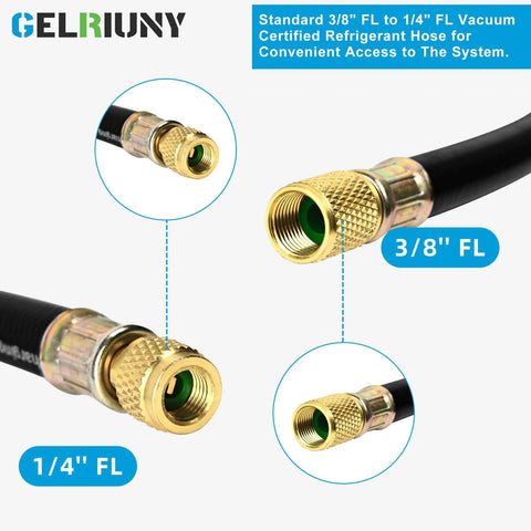 Vacuum charging hose, 3/8" to 1/4" flare ends, 5 ft length, brass fittings, heavy-duty refrigerant line.