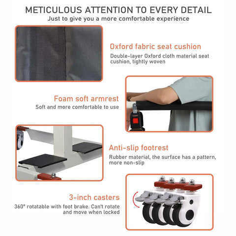 Close-up details of Heavy Duty Patient Lift Transfer Chair With Easy Hand Crank showing Oxford fabric, foam armrest, anti-slip footrest, and 3-inch casters.