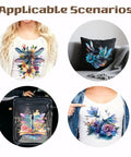 Watercolor Dragonfly Heat Transfer Stickers Set For Clothes on pillow, bags, and shirts with floral designs.