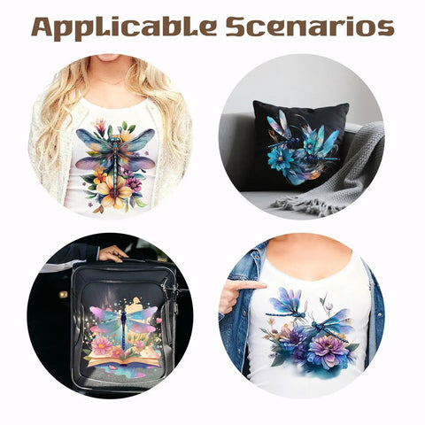 Watercolor Dragonfly Heat Transfer Stickers Set For Clothes on pillow, bags, and shirts with floral designs.