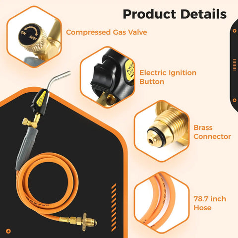 Propane Welding Torch With Type 1 Valve And OPD 78.7 Inch Hose shown with stainless steel head, brass connector, and electric ignition.