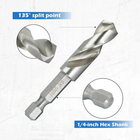 Compact Metal Drill Bit Set With One Quarter Inch Hex Shank M2 High Speed Steel For Quick Change Short Bits For Tight Spaces And Right Angle Adapters Includes Thirty Second One Eighth Sixteenth One Quarter Five Sixteenth Inch Sizes, close-up view