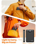 Pocket Sized 10000 Mah Portable Charger With Four Built In Cables Ultra Slim Power Bank For iPhone And Android Fast Charging Battery Pack in hand and pocket.