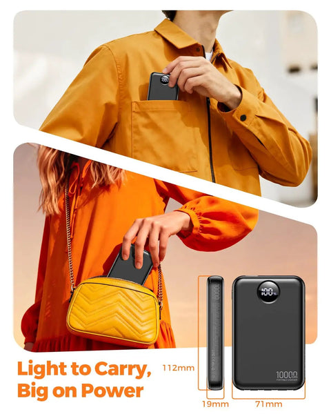 Pocket Sized 10000 Mah Portable Charger With Four Built In Cables Ultra Slim Power Bank For iPhone And Android Fast Charging Battery Pack in hand and pocket.
