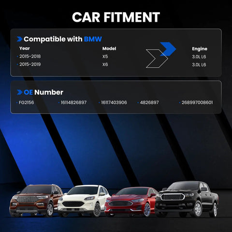 Car fitment chart displaying compatible BMW models X5 and X6 2015-2019 with OE numbers for fuel pump module.