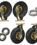 Built Like A Tank Heavy Duty 10 Inch Air Filled Rubber Swivel Caster Wheels 4 Pack with dual ball bearings and metal plates.
