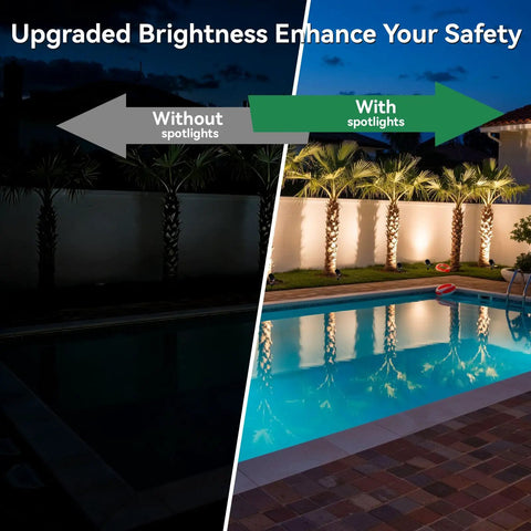Comparison of backyard with and without Low Voltage Landscape Spotlight Kit 12V LED Outdoor Lights For Yard Path Garden Tree, 10W