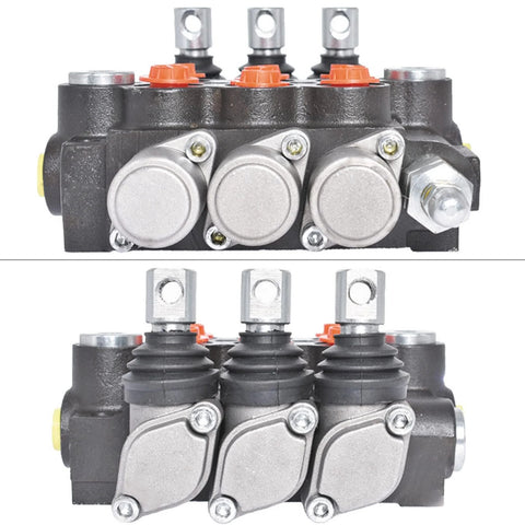Front and side view of Timunr 3-spool hydraulic directional control valve with joystick, 13 GPM, 3600 PSI, SAE ports.