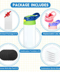 Package includes items for 5 Pack 16 Oz Kids Sublimation Tumblers Sippy Cups With Leak Proof Stainless Steel Blank Water Bottles