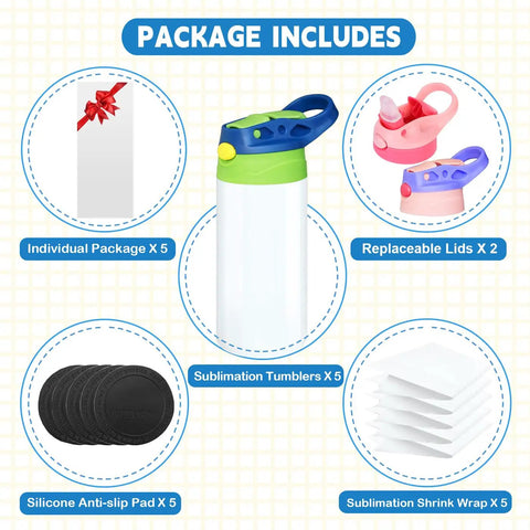 Package includes items for 5 Pack 16 Oz Kids Sublimation Tumblers Sippy Cups With Leak Proof Stainless Steel Blank Water Bottles