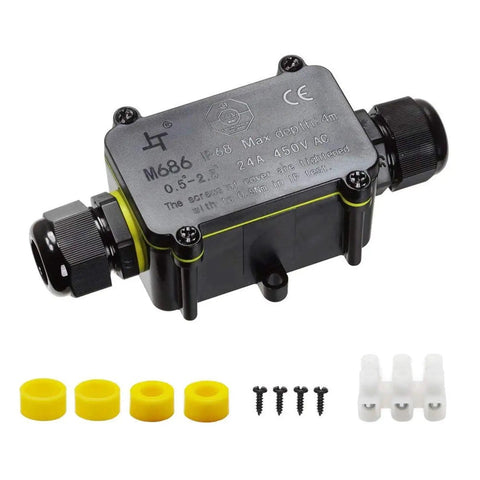 Beefy Waterproof IP68 Junction Box 2 Way M20 Connector For Outdoor Coaxial Cable 5 To 12mm with accessories shown