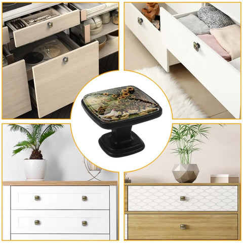 4 Pack Black Kitchen Cabinet Knobs Featuring Flower And Chicken Fence Design Square Drawer Pulls For Cabinets And Drawers Easy Single Screw Install Durable Cupboard Wardrobe Closet Door Handles For Bathroom Decor with examples in use on wooden furniture