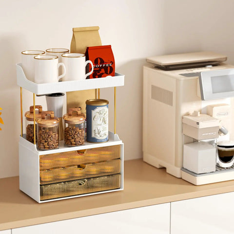 Super Clear Acrylic Vanity Drawer Organizer For Bedroom And Bathroom Counter To Store Skincare Perfume Makeup And Cosmetics No Fuss Just Pure Organization That Keeps Everything Hella Neat And Totally Secure with coffee mugs and snacks.