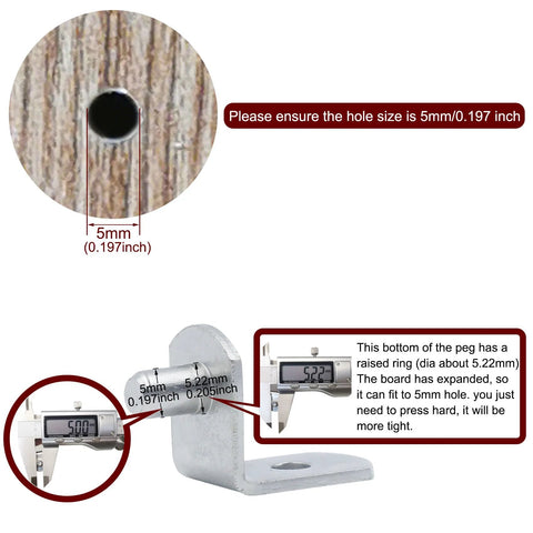 5mm Shelf Support Pegs 50 Pack With Hole L Shaped Nickel Plated Pins showing measurement details and fitting instructions